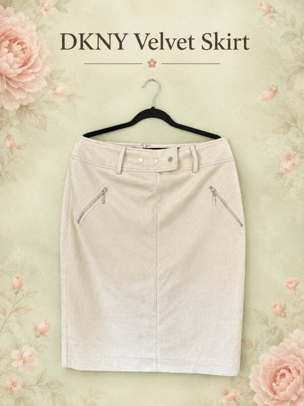 DKNY Cream Beige Skirt – Gold-Tone Buttons & Zip Pockets